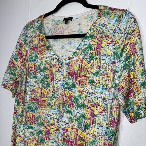 Talbots Women’s City Scape Print Short Sleeve Sweater V Neck Size Large - Picture 3 of 5